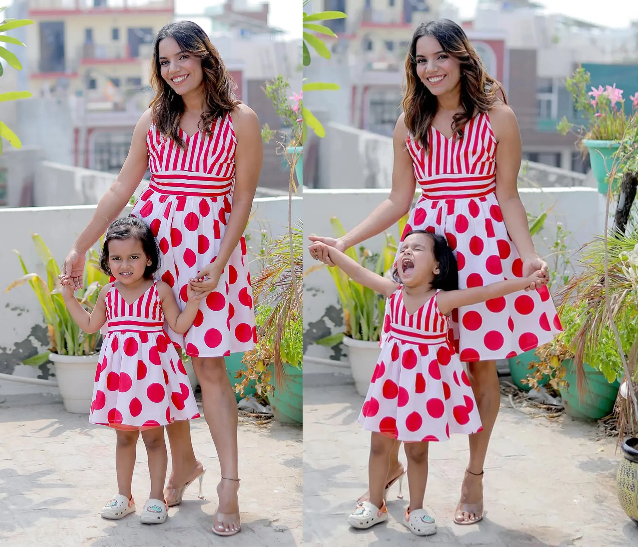 Hand Painted Red and White Polka Dot Mother Daughter Twinning Dress Set